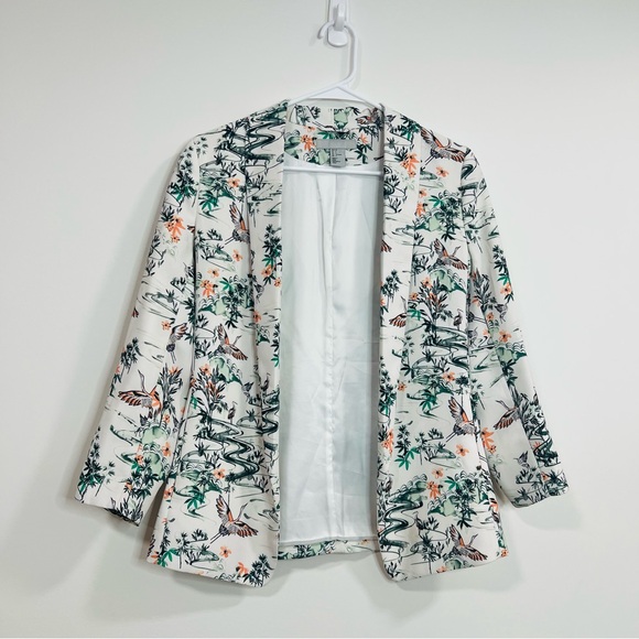 H&M Women's Floral Crane Blazer White and Green Open Formal Casual Blazer size S - Picture 2 of 9